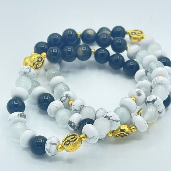 Yin Yang selenite golden obsidian howlite beaded stretch bracelet ONE NEW crysta - Picture 3 of 8